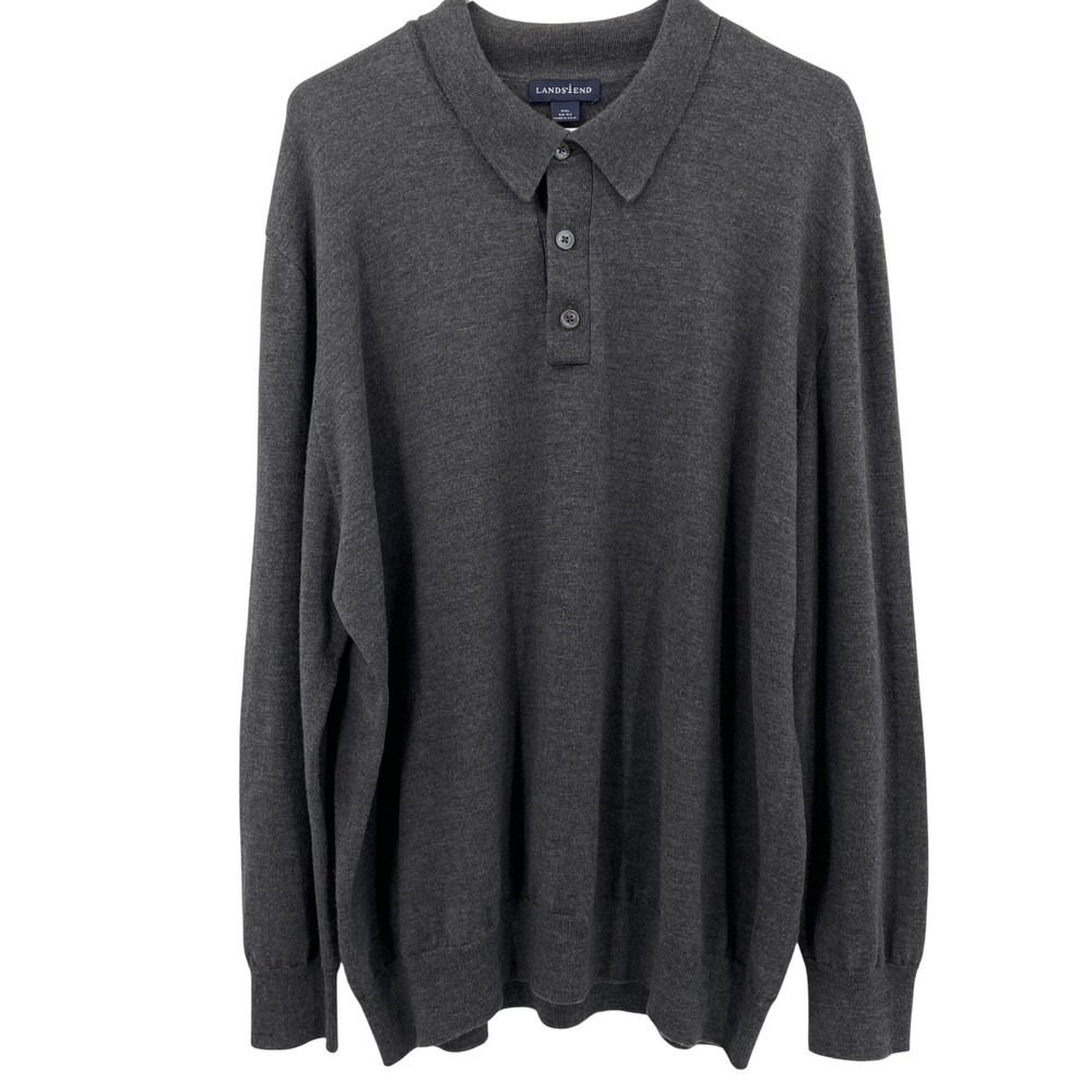 Lands End Vtg. Mens Henley Sweater Sz. XXL Dark Gray 100% Wool Knit Long‎ Sleeve